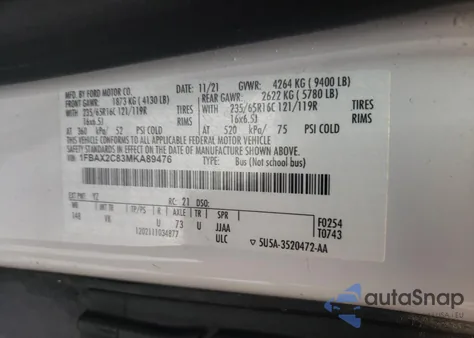 2021 Ford Transit T-350 z USA, uszkodzony, nr VIN 1FBAX2C83MKA89476